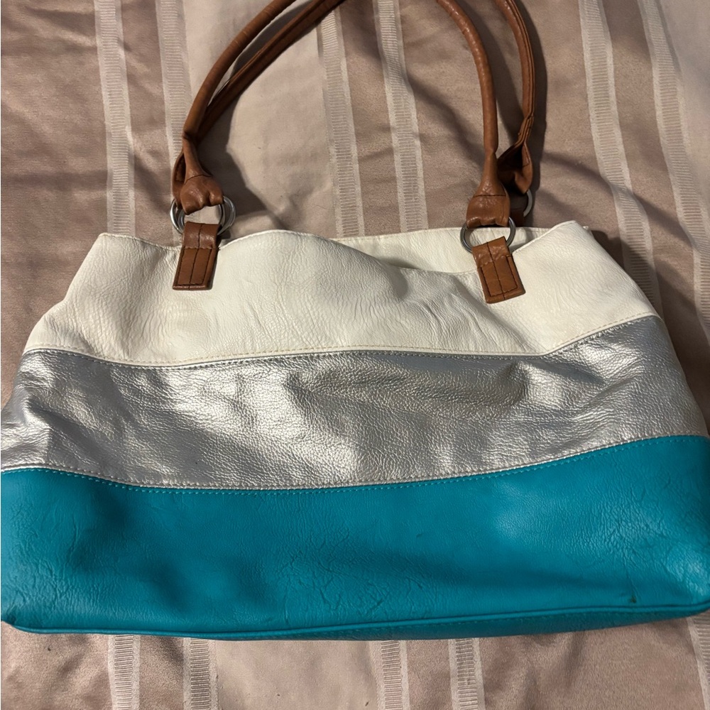 Stylish White, Silver, and Blue Women's Bag